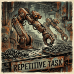 Two rusty robotic arms working on an assembly line placing identical parts in trays